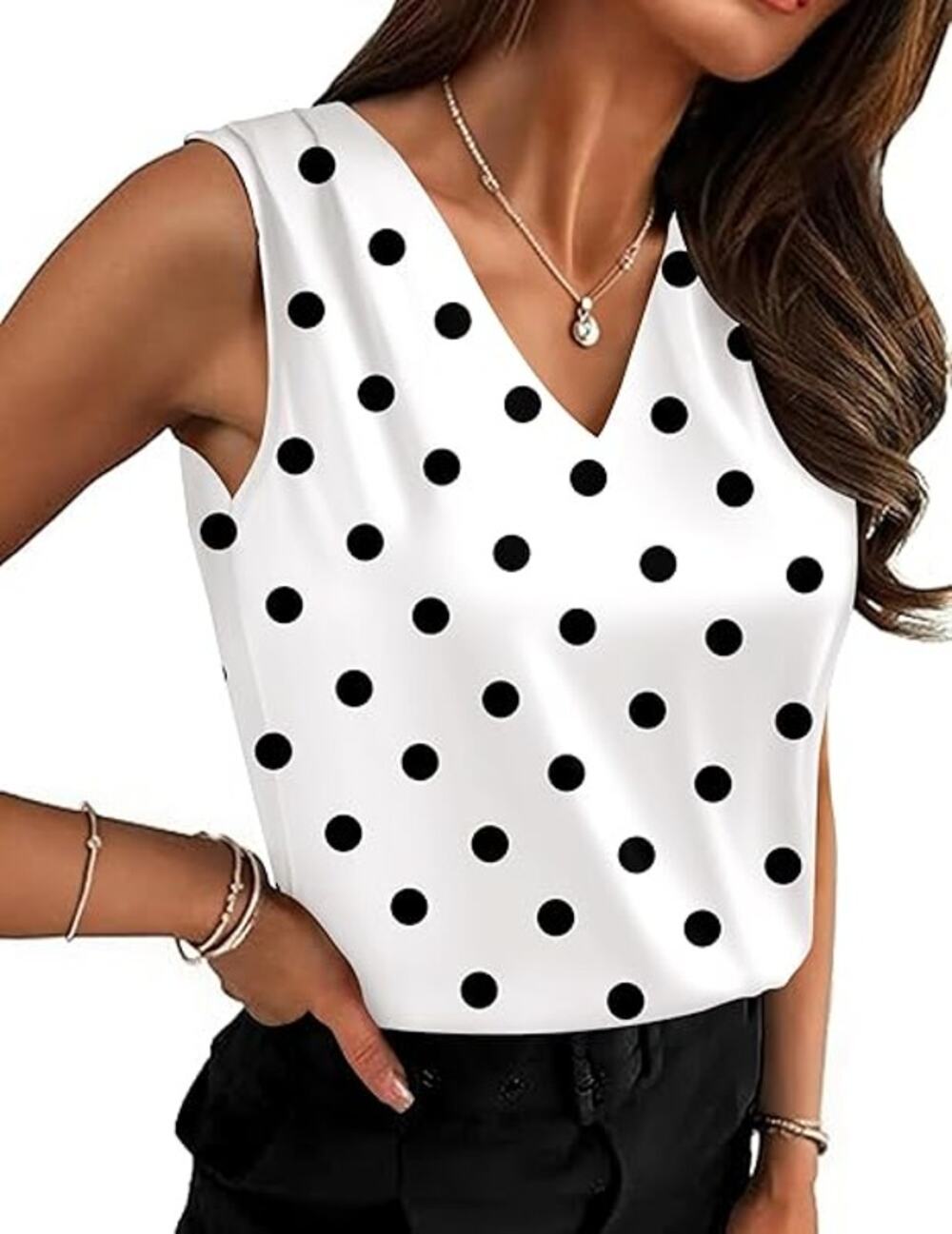 NWT Zeagoo White Black Polka Dot Sleeveless V-neck Blouse Women's Size Medium